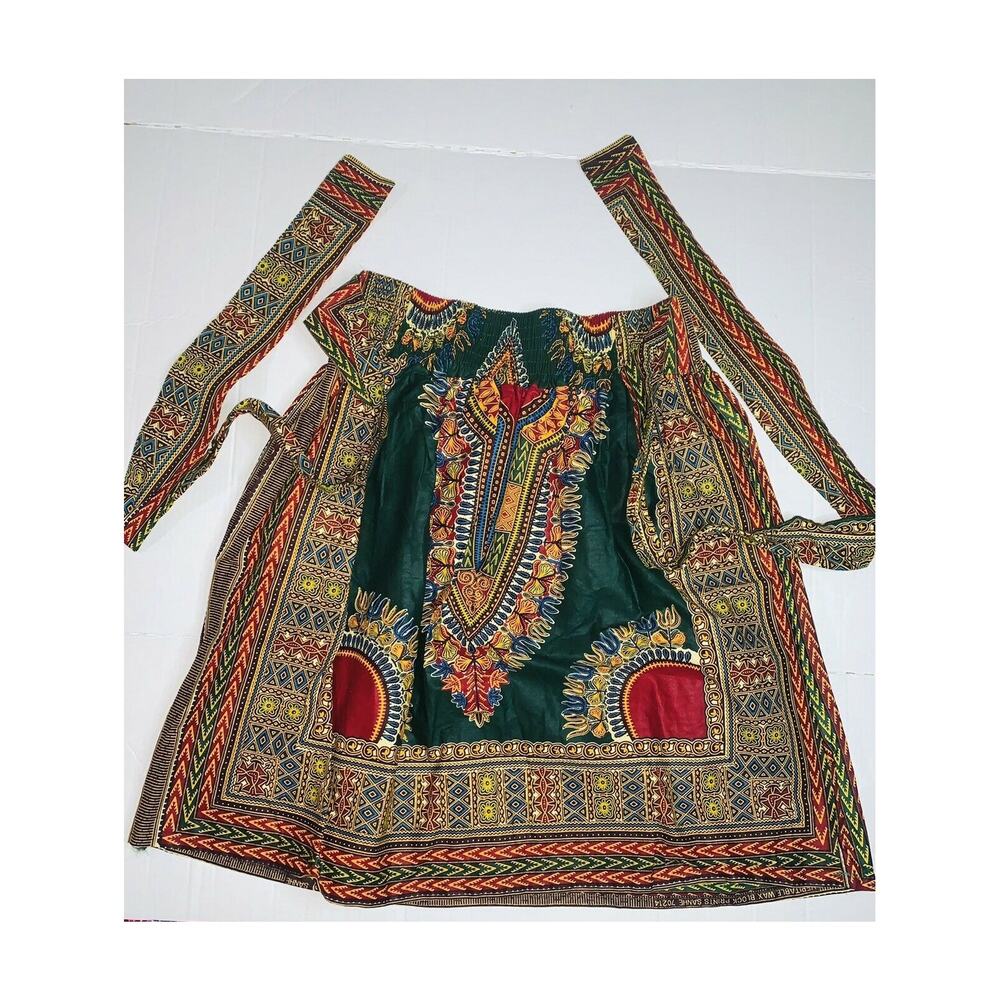 Dashiki Skirt Sash Green/Gold/Red Wax Block Print ft Inc CH9004 Free New Stiff